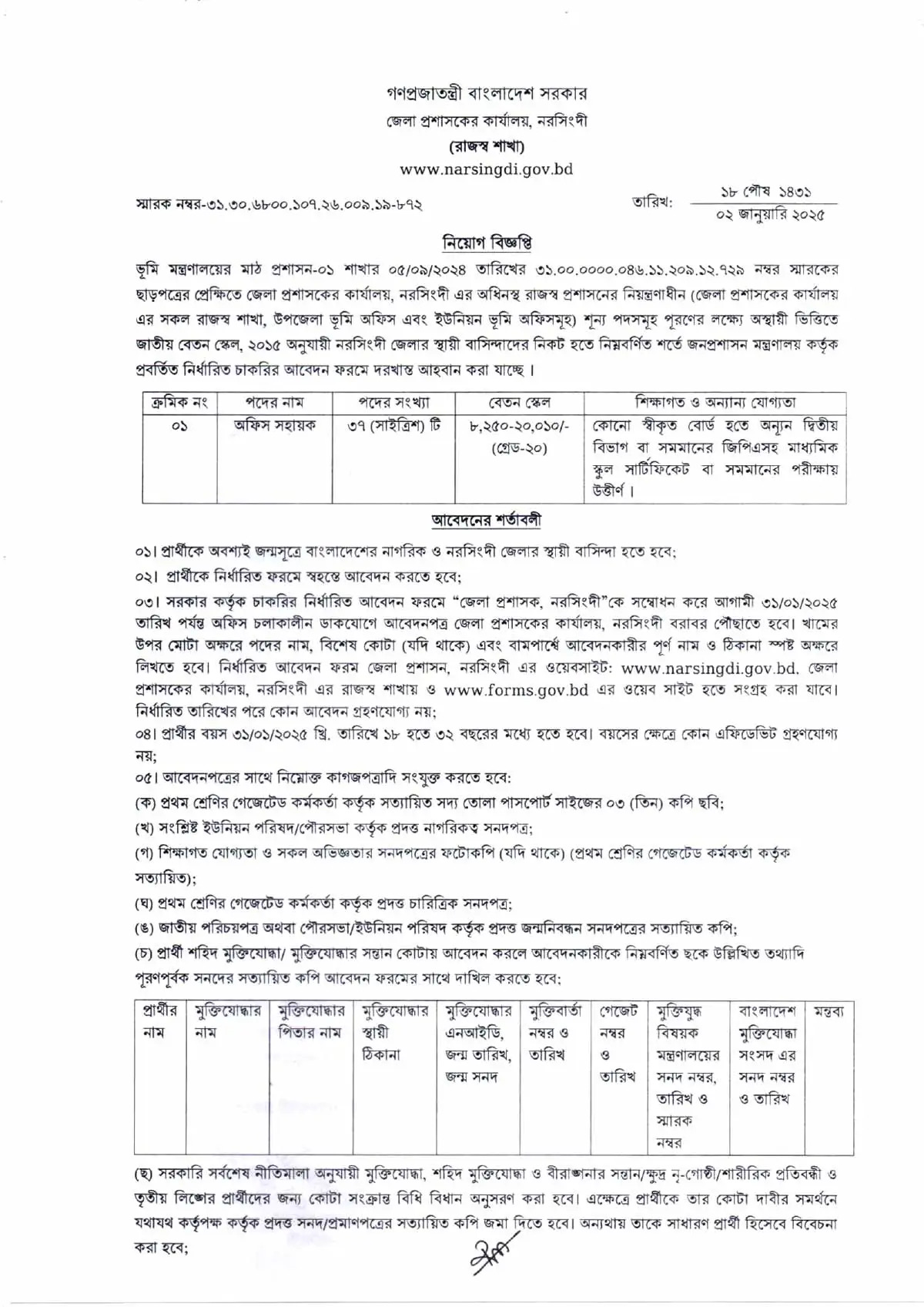 Narsingdi DC Office Job Circular 2025